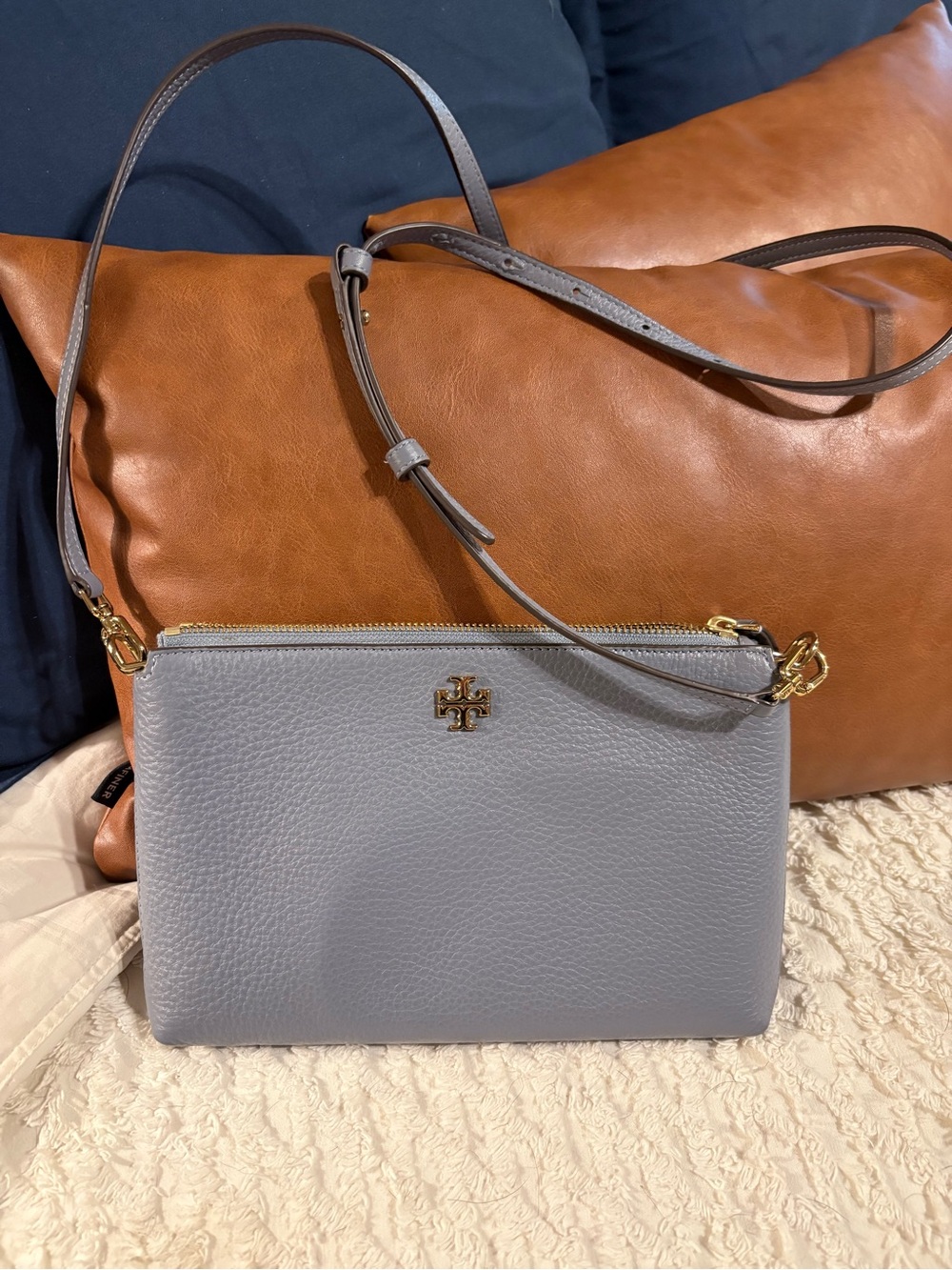 Tory Burch Pebbled Leather Double-Zip Crossbody in Light Blue Gray